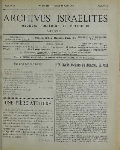 Archives israélites de France. Vol.98 N°114-115 (20 juin 1935)